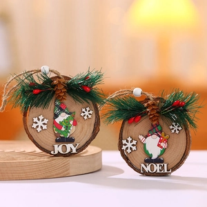 Christmas gnome wooden round tag with pine needles and JOY/NOEL lettering decoration