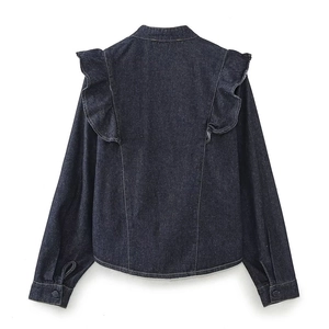 Back view of a deep blue denim shirt with retro ruffled shoulders and a stand collar