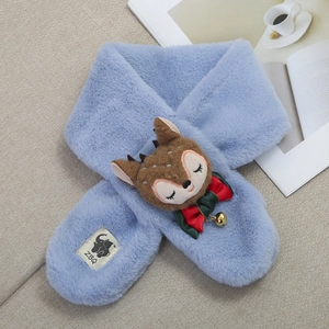 Detailed view of light blue faux rabbit fur kids scarf with 3D reindeer doll and bell