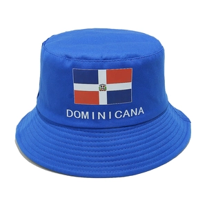 Detail of Dominican Republic flag and text print on a blue cotton bucket sun hat