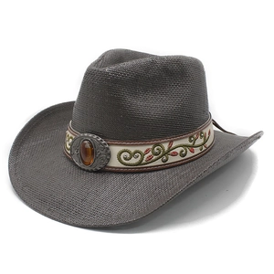 Chapeau de cowboy en paille marron avec bande brodée et pierre d'ambre décorative