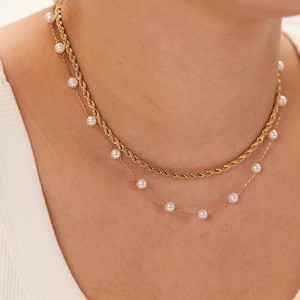 Layered Necklace Stainless Steel 18K Gold Plated With Imitation Artificial Pearls Twist Rope Chain Fashion Jewelry For Women