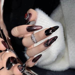 3D black snake relief and red cat eye glitter long stiletto press-on nails for women