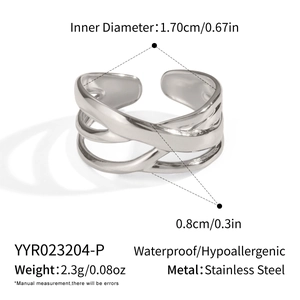 Detailed dimensions of a multi-layer crisscross stainless steel ring with size labels