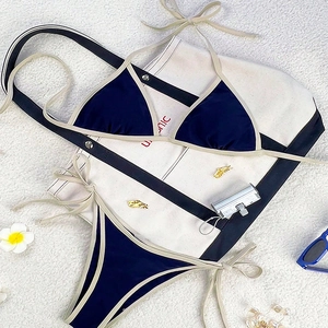 Women Bikini Set Color Block Halter Neck Tie Side Contrast Binding High Elastic Polyester Swimwear
