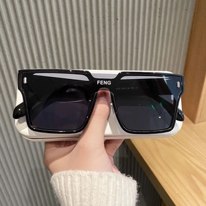 Trendy punk oversized black square sunglasses with FENG logo on the bridge for men and women