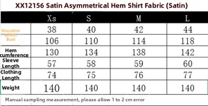 Detailed size chart for satin asymmetric hem shirt showing measurements in centimeters