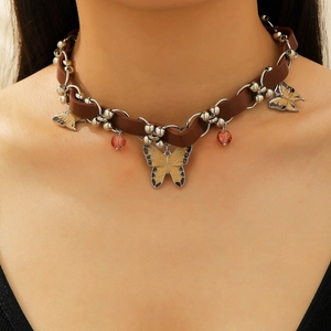 Y2K vintage brown leather choker featuring yellow enamel butterflies and silver beads