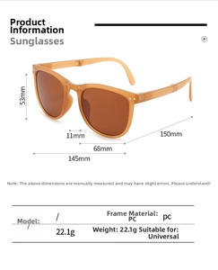 Detailed size chart of brown foldable sunglasses with PC frame measurements and weight