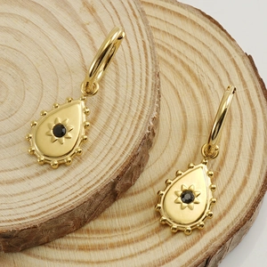 18K gold plated stainless steel teardrop earrings with black gem and sunburst motif