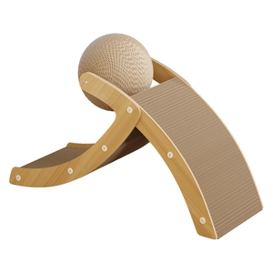 Vertical cat scratcher with sisal ball and wavy corrugated cardboard in a wooden frame