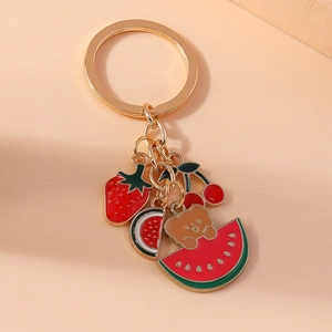 Cute fruit and bear enamel keychain featuring strawberry, cherry, and watermelon charms