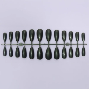 Solid forest green pointed almond shape press-on nails with metallic pearl finish