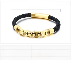 Detailed size specifications for a men's black braided leather and gold stainless steel H-bracelet