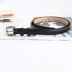 Classic black leather belt with a silver pin buckle displayed on a white background