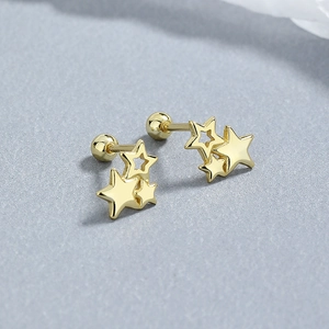 S925 sterling silver triple star threaded stud earrings in polished gold finish