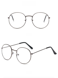 Detailed front and side view of bronze round metal spectacle frames with engraved temples