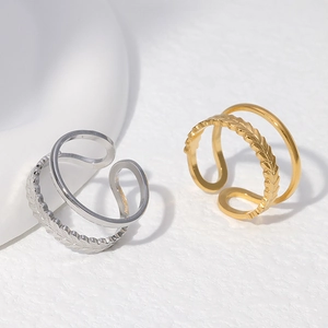 Minimalist Double Layer Open Ring Stainless Steel Wheat Leaf Pattern Adjustable Fashion Finger Jewelry For Women Girls