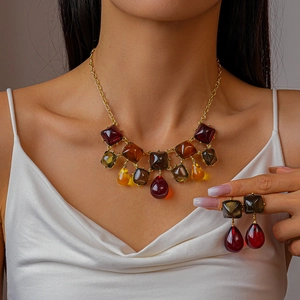 Collier Plastron Bohème Et Boucles D'oreilles Résine Alliage Géométrique Goutte D'eau Carré Bijoux Vintage Pour Femmes Avec Tige D'oreille En Argent