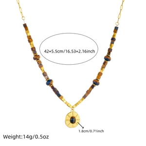 Titanium steel tiger eye bead necklace with heart pendant and product dimensions