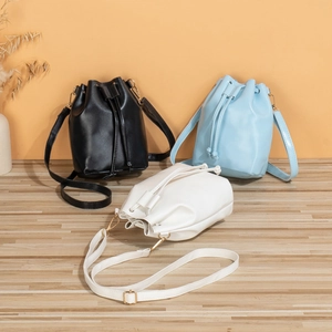 Women PU Leather Bucket Bag Drawstring Closure Adjustable Strap Gold Hardware Casual Daily Shoulder Crossbody Minimalist