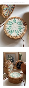 Detail of handmade rattan crossbody bags with mosaic patterns and shell inlays