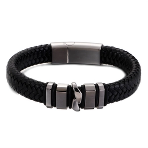 Bracelet pour homme en cuir tressé avec fermoir magnétique en acier inoxydable argenté