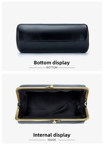 Detailed views of leather clutch bag showing reinforced bottom stitching and inner storage