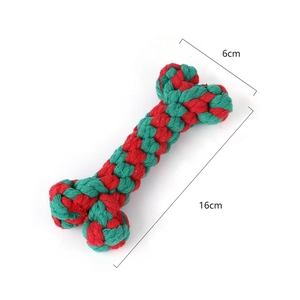 Detail view of 16cm red and green cotton rope bone toy with specific size annotations