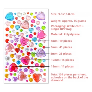 Detail of self-adhesive heart and round crystal gem stickers for DIY crafts and decor