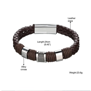 Men's braided leather bracelet with cross element and silver alloy magnetic clasp