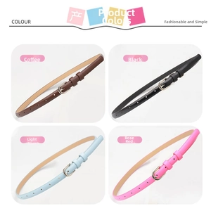 Detailed view of women's skinny belts in brown, black, light blue, and rose red colors