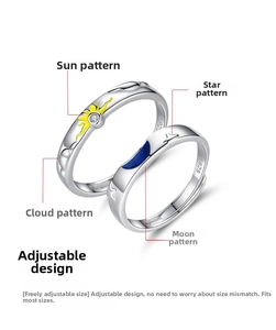 Detailed close-up of S925 silver sun and moon rings with blue enamel and zircon inlay