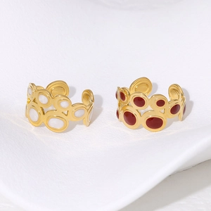 Retro Geometric Hollow Stainless Steel Ring With 18K Gold Plating Enamel Inlay Adjustable Open Band Jewelry