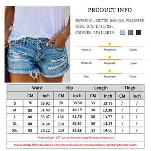Detailed size chart for distressed denim shorts showing S to 2XL dimensions and material info