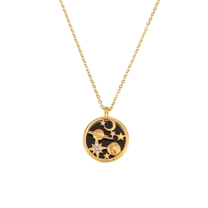 Golden stainless steel coin necklace featuring black enamel with stars and moon relief