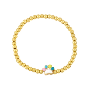 Cute beaded bracelet with colorful enamel paw print charm in polished gold finish