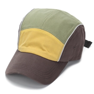 Detail of multi-color five-panel camping cap with contrast panels and reflective piping