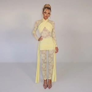 Sexy Lace Sheer Jumpsuit Cross Halter Neck Long Sleeve Ruched Mesh Bodycon Romper With Side Streamers For Women