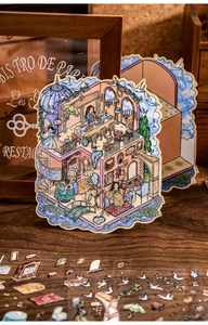 Detailed retro building sticker with layered room interior design for DIY scrapbooking