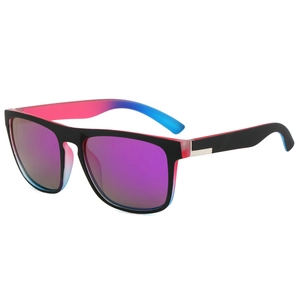 Polarized sports sunglasses with black frames and purple reflective lenses for fishing