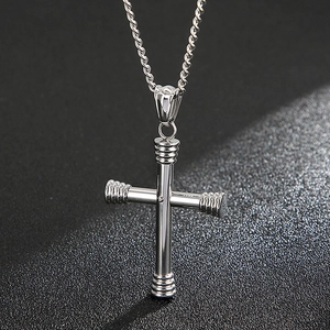 Silver tubular cross necklace in polished stainless steel with twisted rope chain design