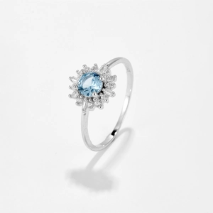 Bague en argent sterling S925 avec zircon bleu ovale et éclats de diamants blancs