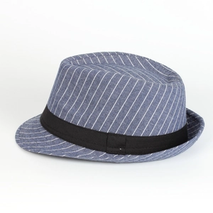 Classic blue and white striped cotton jazz fedora hat with a black ribbon band for men