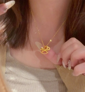 24k gold-plated necklace with a 3D rocking horse and copper coin pendant for women