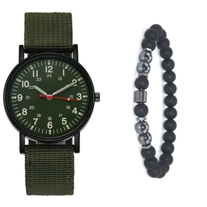 Military style men's quartz watch with olive green nylon strap and beaded bracelet set