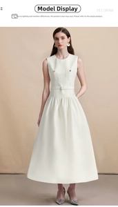 Detail view of white sleeveless midi dress with a round neck and waist-defining belt