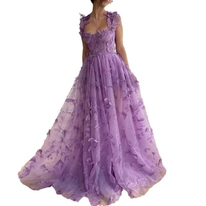 Detailed view of purple sleeveless gown with 3D floral appliques on lightweight tulle