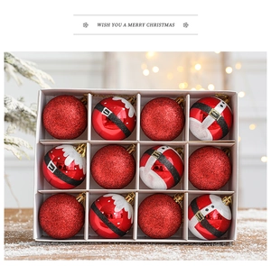 Set of 12 red glitter and Santa belt design Christmas balls in a white gift display box