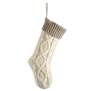 Knitted Christmas Stocking Acrylic Cable Knit Diamond Pattern Large Holiday Fireplace Mantel Decor Hanging Gift Bag